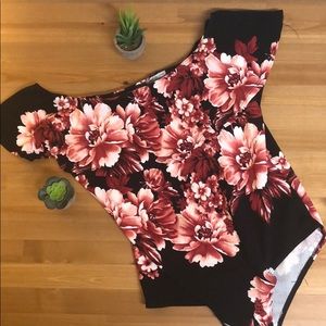 Charlotte  Russe pink & black floral off the shoulder strapless bodysuit